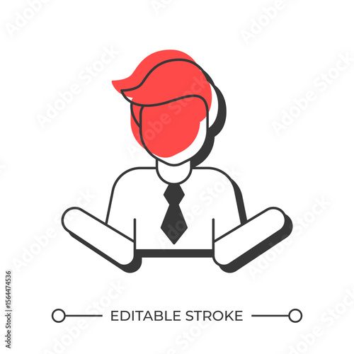 Shrugging businessman offset shadow line icon. Man office employee showing doubting. Incompetence at workplace. Bold outline symbol with solid red fill. Modern flat illustration. Editable stroke