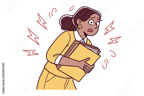 Overwhelmed woman clutching folders amidst stressful workload and urgent deadlines expressing anxiety