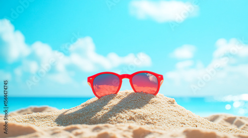 Vibrant red sunglasses rest on golden sand with ocean backdrop under a sunny, clear blue sky offering a tranquil beach scene.
