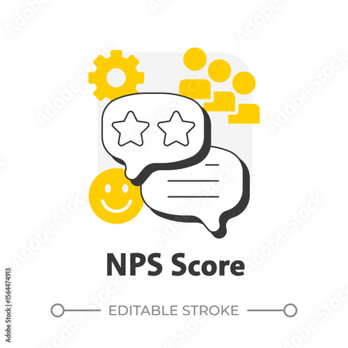NPS score flat outline concept icon. Metric used to gauge customer loyalty and satisfaction. Gap analysis tool. Modern line illustration with yellow glyphs. Conceptual visual. Easy to edit