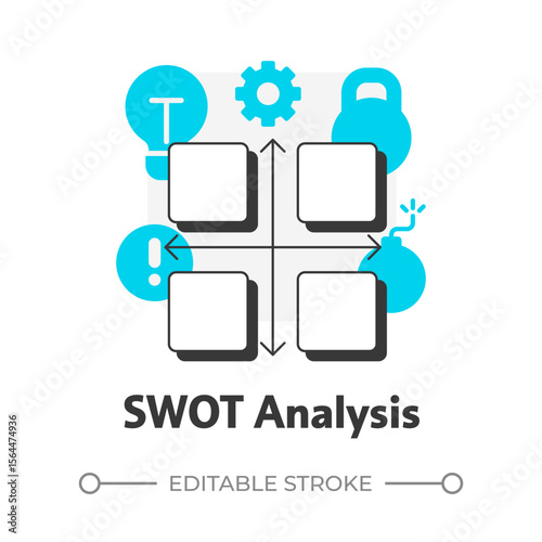 SWOT analysis flat outline concept icon. Strengths, weaknesses, opportunities and threats. Gap evaluation tool. Modern line illustration with blue glyphs. Conceptual visual. Easy to edit