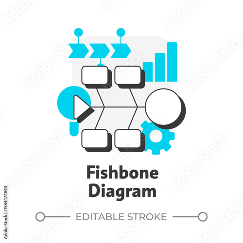 Fishbone diagram flat outline concept icon. Identify root causes of problem. Gap analysis tool. Business data. Modern line illustration with blue glyphs. Conceptual visual. Easy to edit