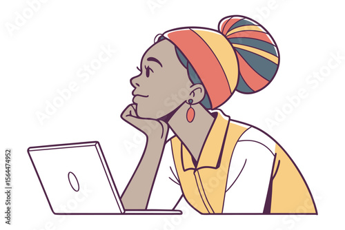 Stylized illustration of a thoughtful black woman with a colorful headwrap and earrings resting her chin on her hand while looking at a laptop