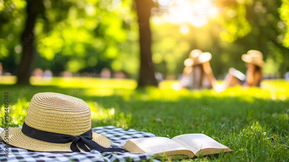 Fototapeta premium Enjoying a sunny picnic with a book and straw hat on a checkered blanket in a grassy park, perfect for summer relaxation