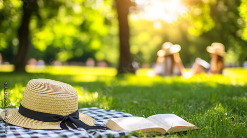 Enjoying a sunny picnic with a book and straw hat on a checkered blanket in a grassy park, perfect for summer relaxation