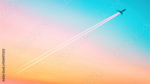 Airplane Ascending into Pastel Sky with Vapor Trails, Dreamy Flight