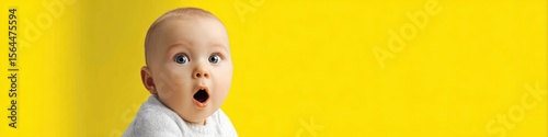 A surprised baby with wide eyes and open mouth against a bright yellow background in a close up shot