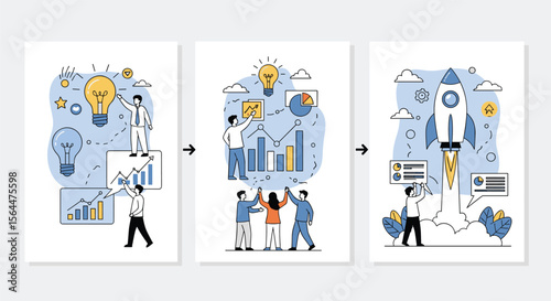 Business Growth Strategy Development and Successful Startup Launch Process Flow Illustration