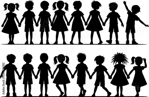 Happy kids silhouettes. Silhouettes of two group of happy kids holding hands, isolated on transparent background. EPS 10 version.