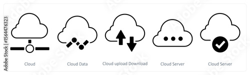 A set of 5 mix icons as cloud, cloud data, cloud upload download