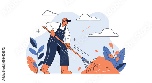 Seasonal Yard Maintenance Worker Raking Autumn Leaves into a Large Pile During Fall Cleanup
