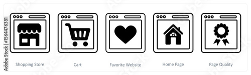 A set of 5 mix icons as shopping store, cart, favorite website