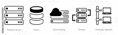 A set of 5 mix icons as database server, server, cloud hosting