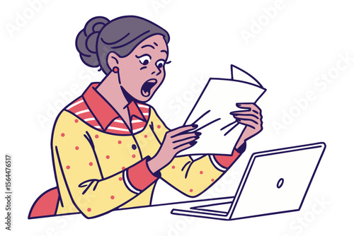Shocked woman reacts to paperwork and laptop screen with wide eyes and open mouth expressing surprise or distress