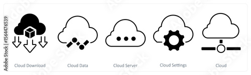 A set of 5 mix icons as cloud download, cloud data, cloud server