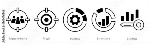 A set of 5 mix icons as target audience, target, statistics