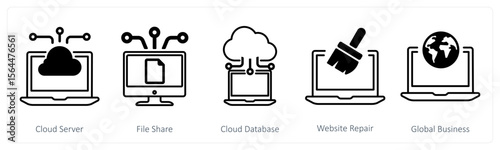 A set of 5 mix icons as cloud server, file share, cloud database