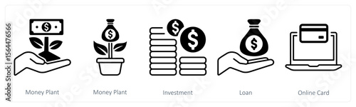 A set of 5 mix icons as money plant, investment, loan