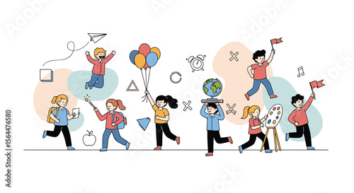 Diverse group of enthusiastic children celebrating education and exploration with various objects and symbols of learning joyfully participating in activities