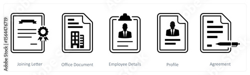 A set of 5 mix icons as joining letter, office document, employee details