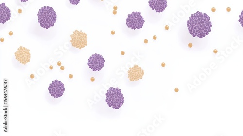 Abstract Spherical Clusters: Purple, Gold, and Beige on White Background