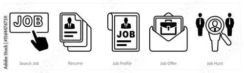 A set of 5 mix icons as search job, resume, job profile