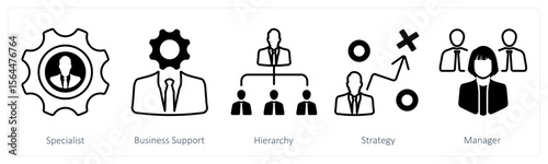 A set of 5 mix icons as specialist, business support, hierarchy