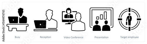 A set of 5 mix icons as busy, reception, video conference