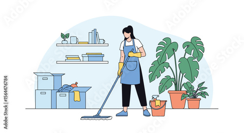 A woman in an apron and gloves mops the floor in a room with plants and shelves holding items