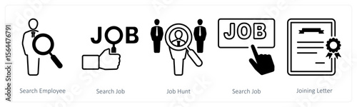 A set of 5 mix icons as search employee, search job, job hunt