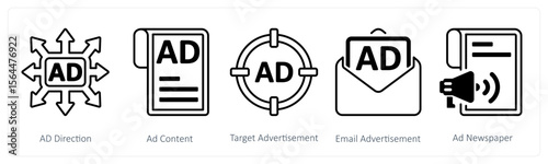 A set of 5 mix icons as ad direction, ad content, target advertisement