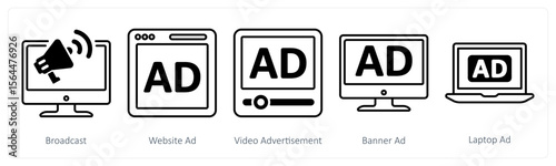 A set of 5 mix icons as broadcast, website ad, video advertisement 