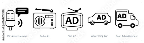 A set of 5 mix icons as mic advertisement, radio ad, dish ad