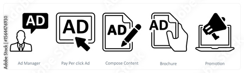 A set of 5 mix icons as ad manager, pay per click ad, compose content