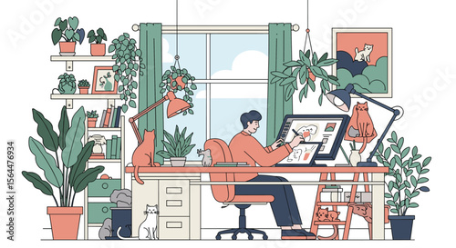 A Creative Person Works Diligently at a Desk Surrounded by Lush Green Plants Indoors