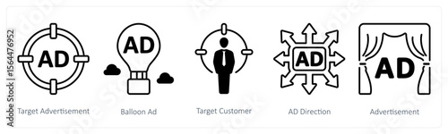 A set of 5 mix icons as target advertisement, balloon ad, target customer