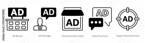 A set of 5 mix icons as ad board, ad manager, advertisement store
