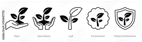 A set of 5 mix icons as plant, save nature, leaf