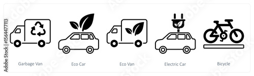 A set of 5 mix icons as garbage van, eco van, eco car