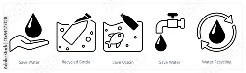 A set of 5 mix icons as save water, recycled bottle, save ocean
