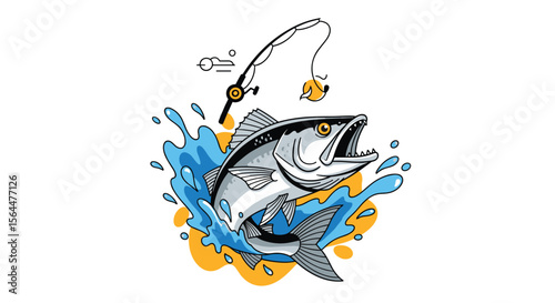 Excited Fish Leaping From Water To Catch Bait On Fishing Hook Recreation Outdoors Activity