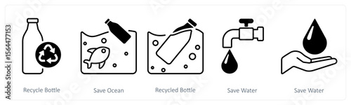 A set of 5 mix icons as recycle bottle, save ocean, save water