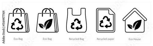 A set of 5 mix icons as eco bag, recycle bag, recycled paper