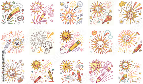 Colorful doodle sunburst, movement icons, comic expression elements. Crayon drawn sketch doodle explosive element. Cute childish emphasis expressions. Funky sun beams, stars and firework
