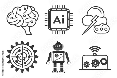 Artificial intelligence icons depict brain, chip, cloud, and robot