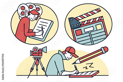 Film production crew and equipment isolated on white background