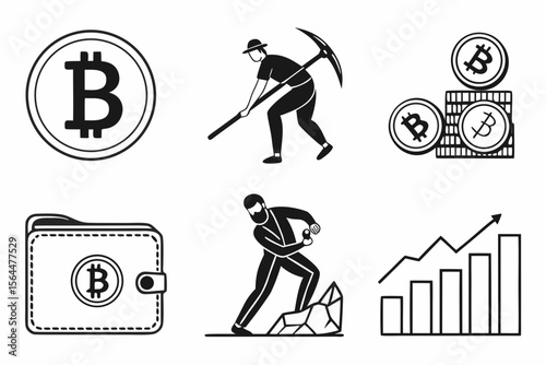Bitcoin mining and investment icons isolated on white background