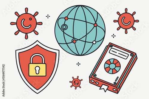 Cybersecurity and data protection icons isolated on white background