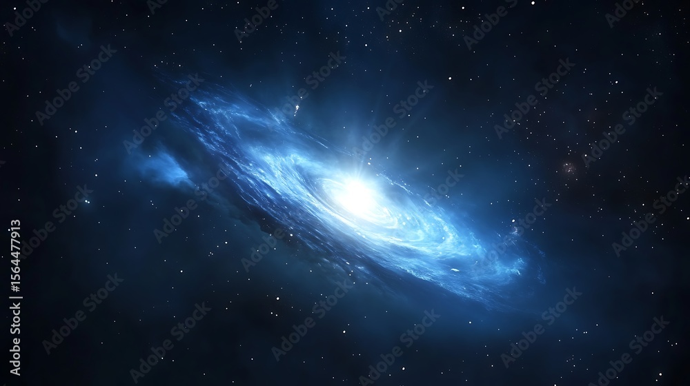 Obraz premium Elegant galaxy illustration with bright center and swirling blue clouds with starry background