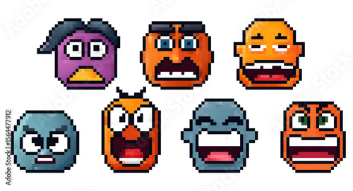 Diverse collection of pixel art faces displaying various emotions in a colorful vector format